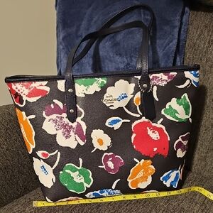NWT Coach Black Tote with Colorful Floral Design